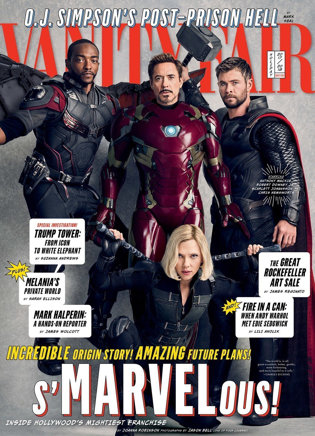 Couverture de Vanity Fair avec Falcon, Iron Man, Thor et Black Widow