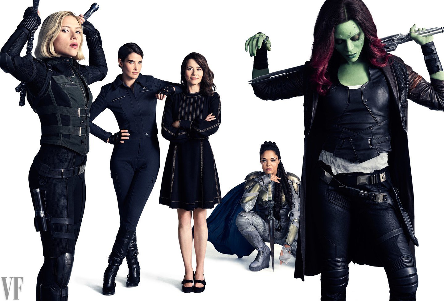 Photo de Vanity Fair avec Black Widow, Maria Hill, Laura Barton, Valkyrie et Gamora
