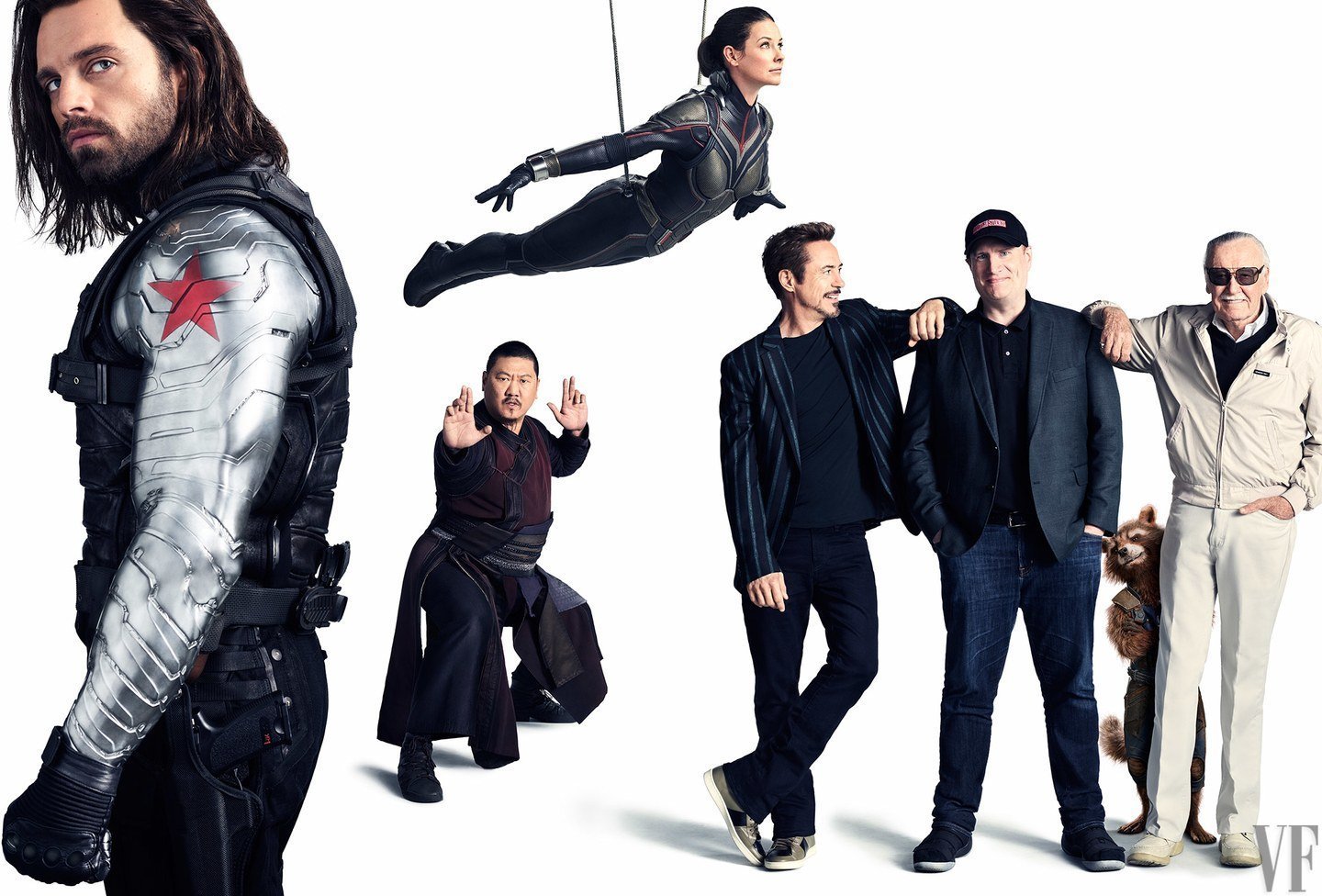 Photo de Vanity Fair avec Winter Soldier, Wong, The Wasp, Iron Man, Kevin Feige et Stan Lee