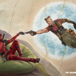 Poster pour le film Deadpool 2 parodiant La Création d'Adam de Michel-Ange