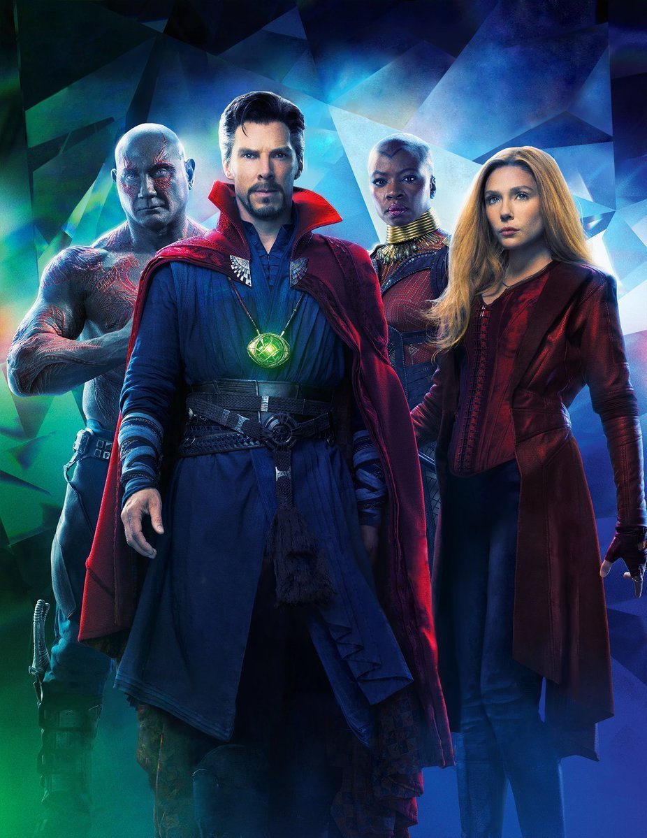 Couverture sans texte du magazine Empire pour le film Avengers: Infinity War avec l'équipe bleue (Drax, Doctor Strange, Okoye et Scarlet Witch)