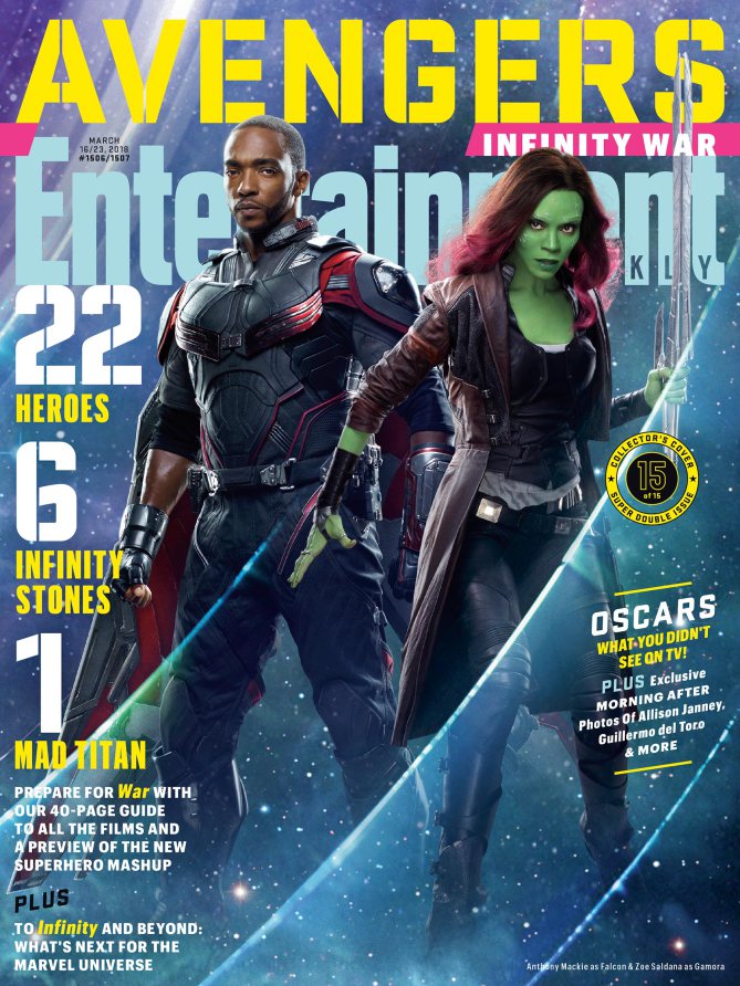 Couverture du magazine Entertainment Weekly pour le film Avengers: Infinity War avec Falcon & Gamora