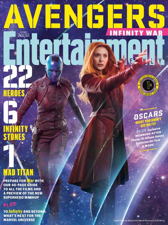 Couverture du magazine Entertainment Weekly pour le film Avengers: Infinity War avec Nebula & Scarlet Witch