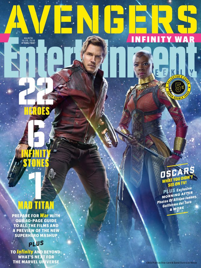 Couverture du magazine Entertainment Weekly pour le film Avengers: Infinity War avec Star-Lord & Okoye