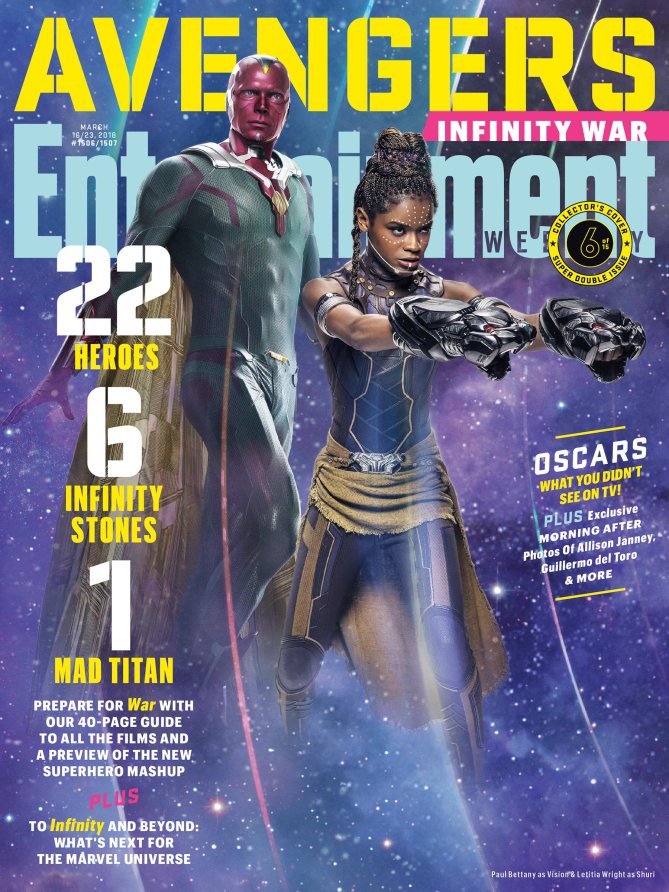 Couverture du magazine Entertainment Weekly pour le film Avengers: Infinity War avec Vision & Shuri