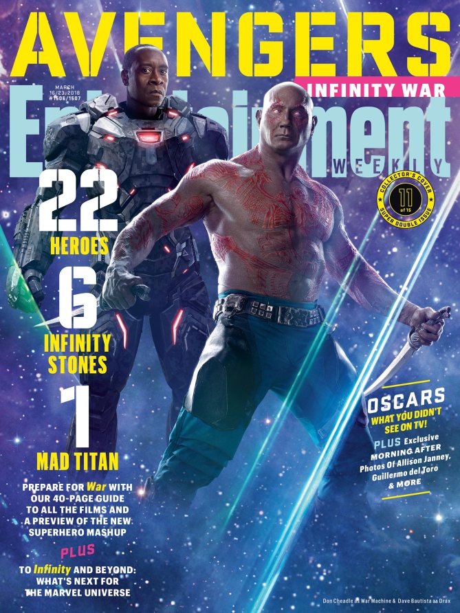 Couverture du magazine Entertainment Weekly pour le film Avengers: Infinity War avec War Machine & Drax
