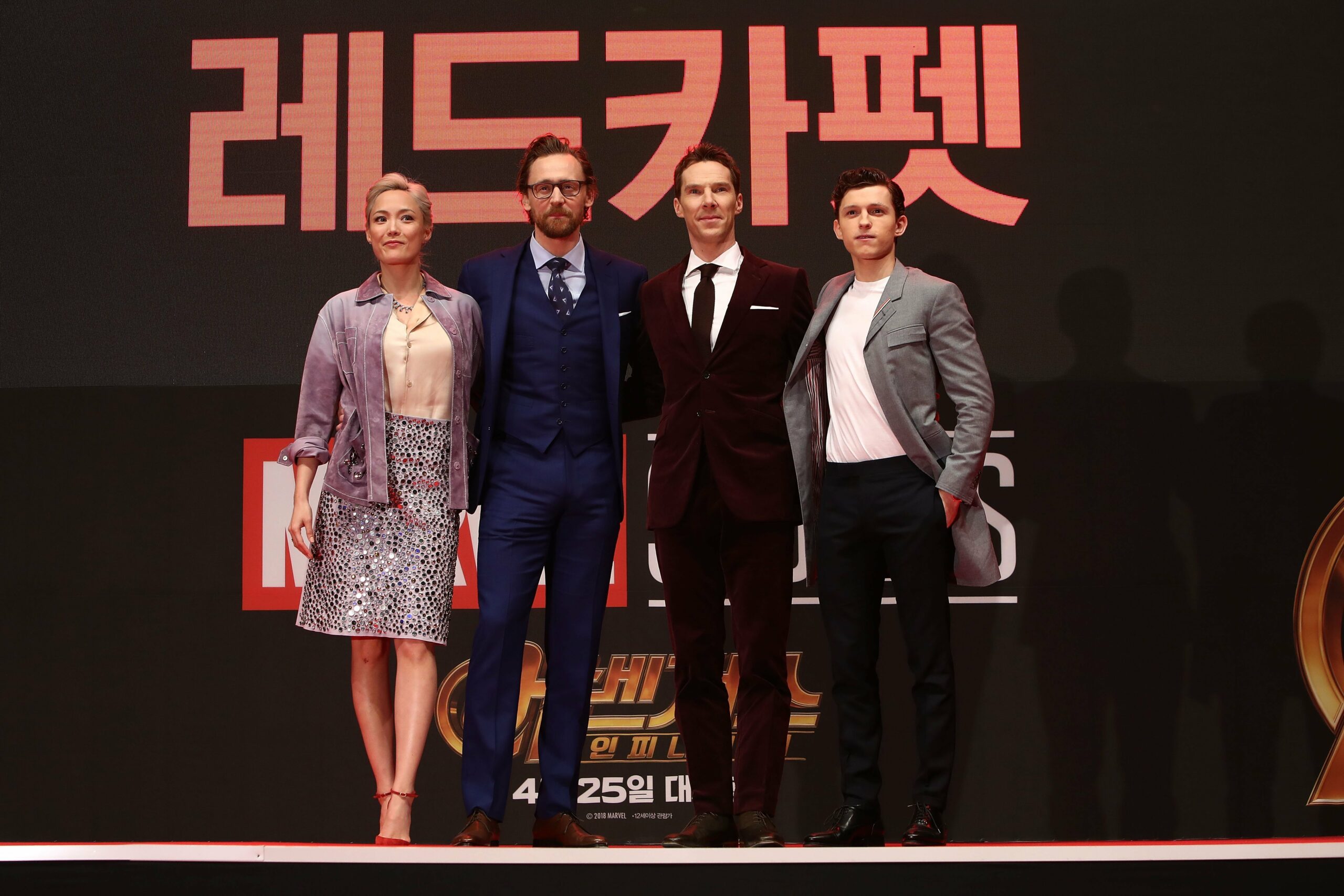 Photo de la tournée mondiale du film Avengers: Infinity War à Séoul avec Pom Klementieff, Tom Hiddleston, Benedict Cumberbatch et Tom Holland