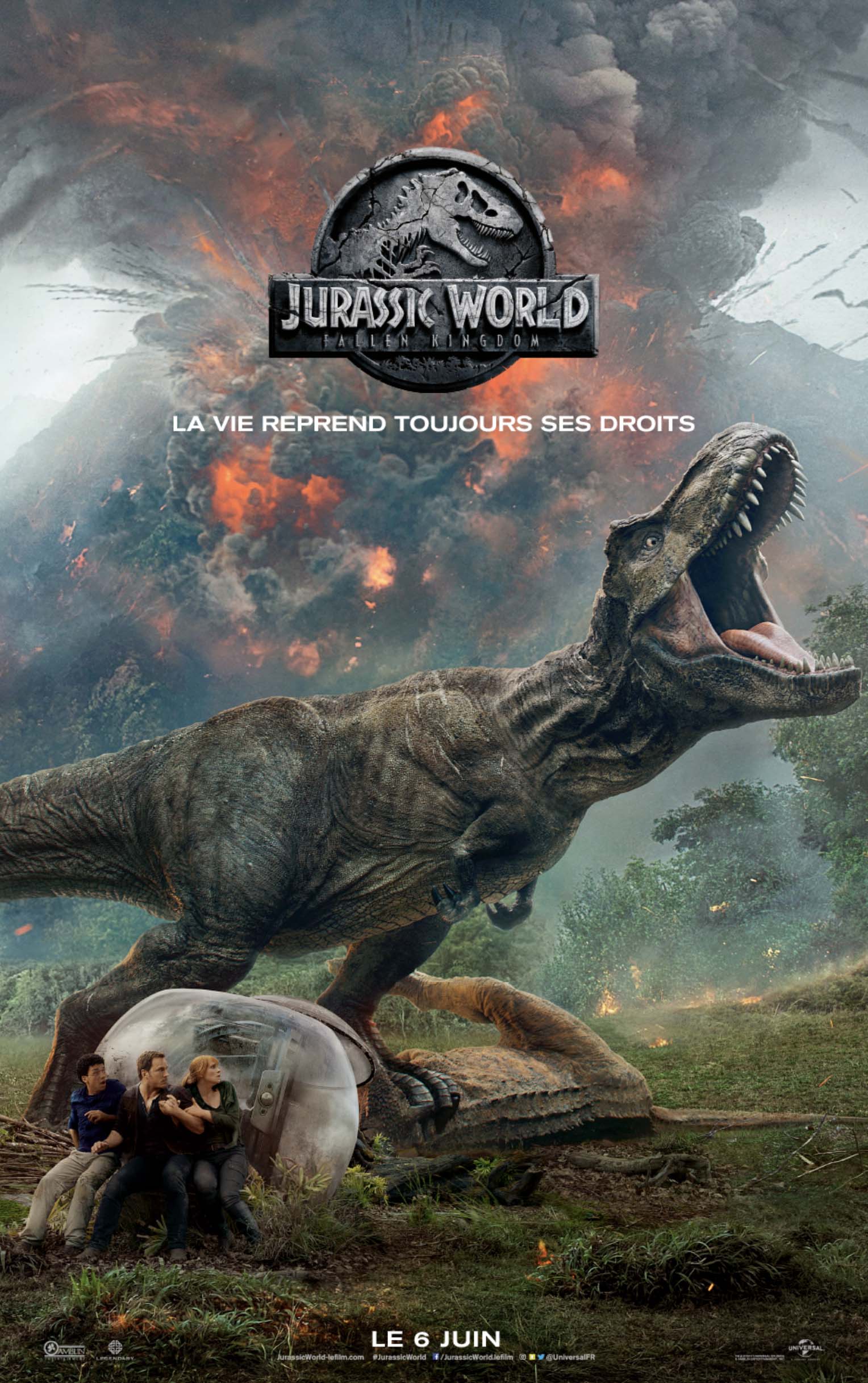 Affiche française pour le film Jurassic World: Fallen Kingdom réalisé par J.A. Bayona avec Chris Pratt, Bryce Dallas Howard et Justice Smith