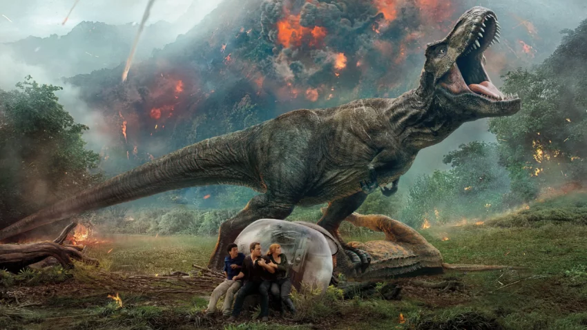 Bannière pour le film Jurassic World: Fallen Kingdom réalisé par J.A. Bayona avec Chris Pratt, Bryce Dallas Howard et Justice Smith.