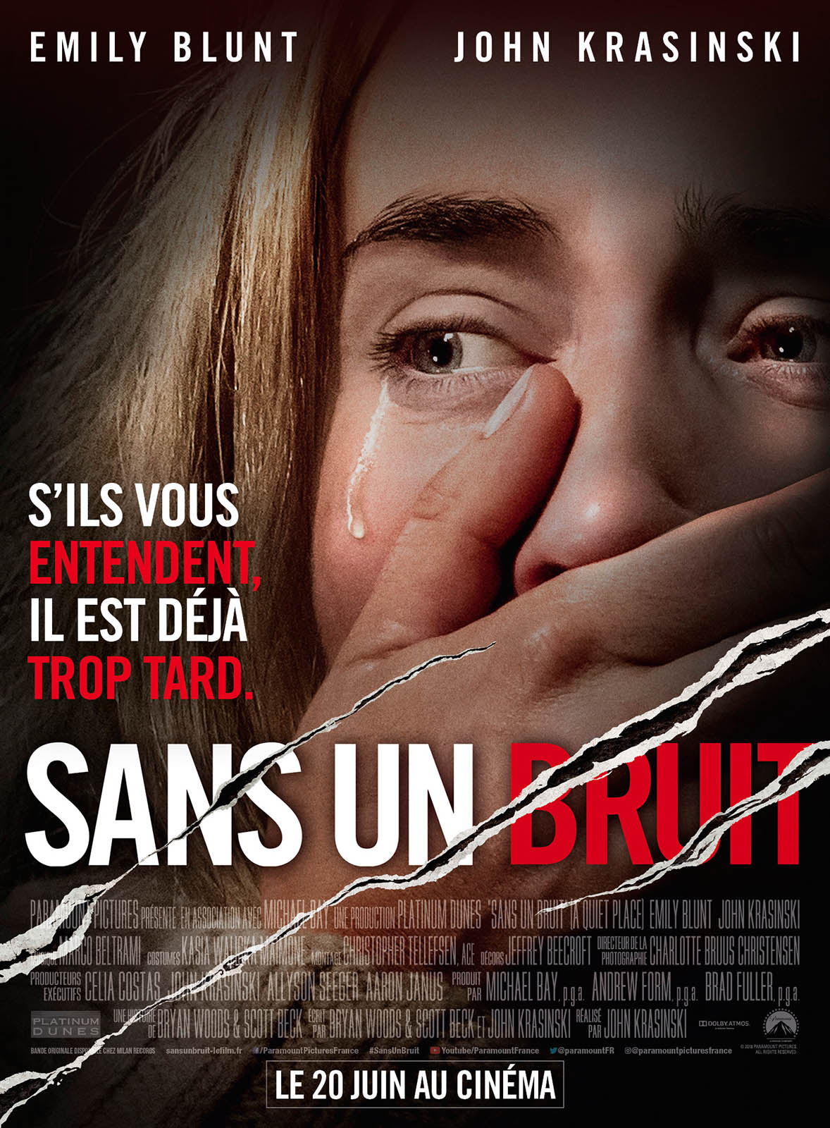 Affiche française du film Sans un bruit (A Quiet Place en VO) réalisé par John Krasinski avec Emily Blunt