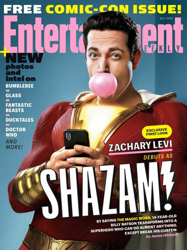 Couverture du magazine Entertainment Weekly pour juillet 2018 avec le film Shazam! et Zachary Levi