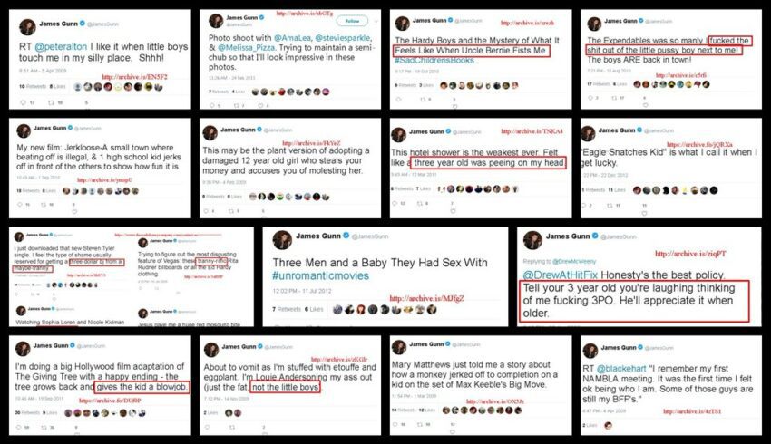 Montage des tweets scabreux du réalisateur des Gardiens de la Galaxie, James Gunn, publié sur le Twitter de Jack Posobiec
