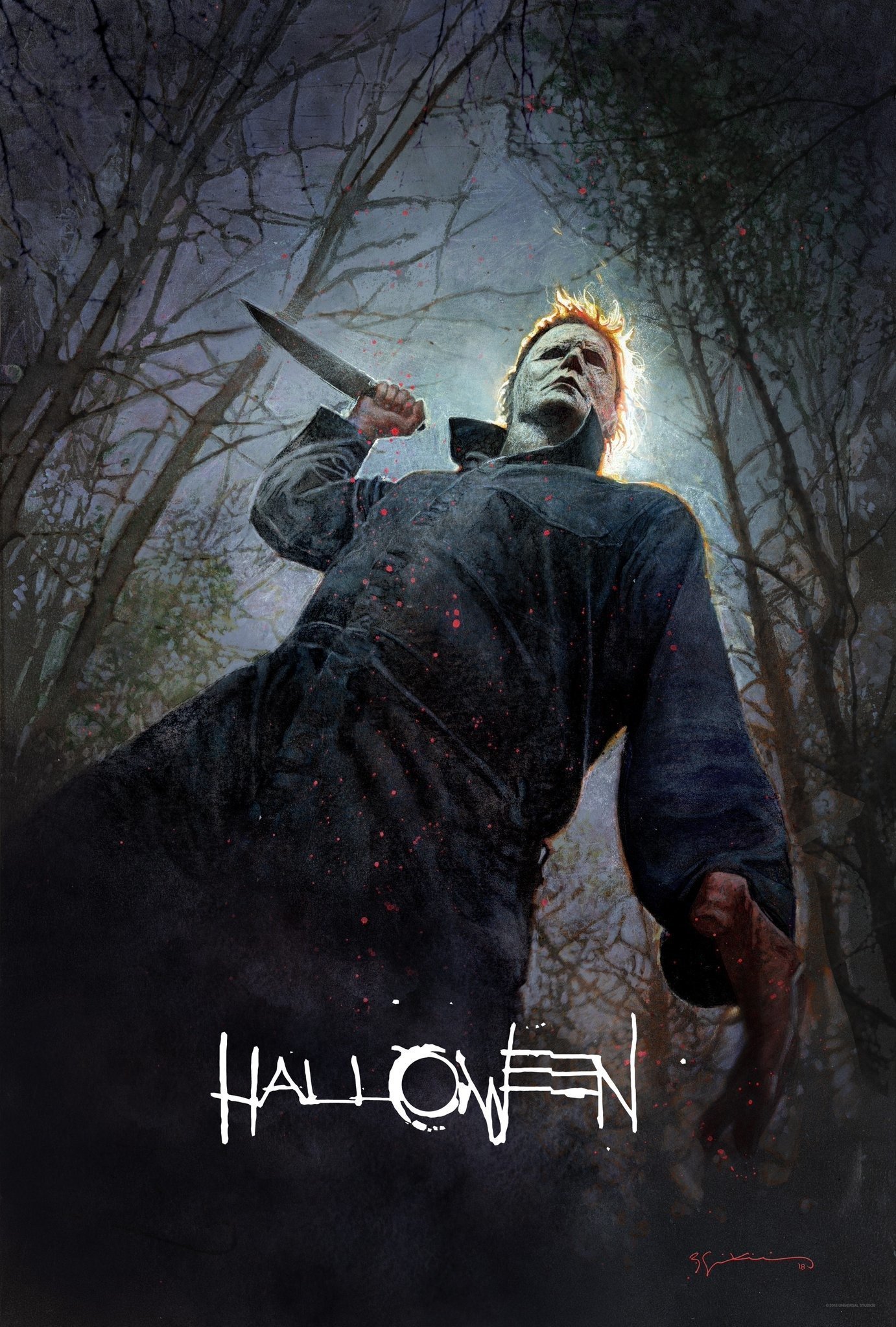Poster du film Halloween dessiné par Bill Sienkiewicz avec Michael Myers