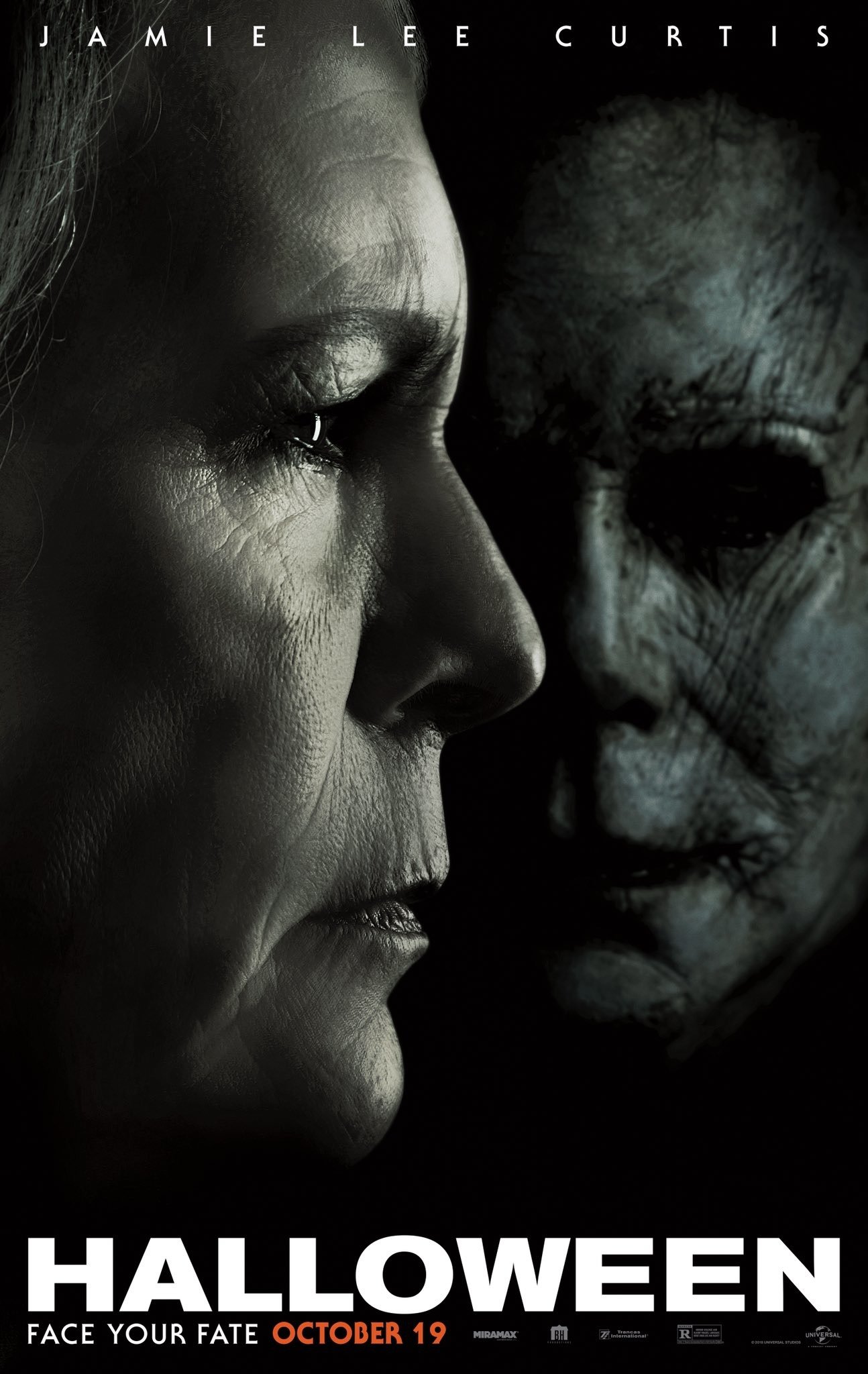 Poster du film Halloween avec Jamie Lee Curtis et la tagline "Face your fate"