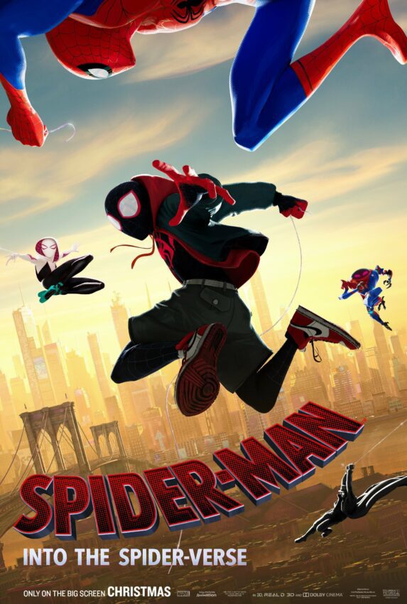 Poster du film Spider-Man: New Generation avec la Spider-Team : Miles Morales, Spider-Man, Spider-Gwen, Spider-Man Noir, SP//dr et Spider-Ham