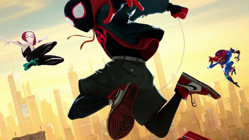 Poster du film Spider-Man: New Generation avec la Spider-Team : Miles Morales, Spider-Man, Spider-Gwen, Spider-Man Noir et SP//dr