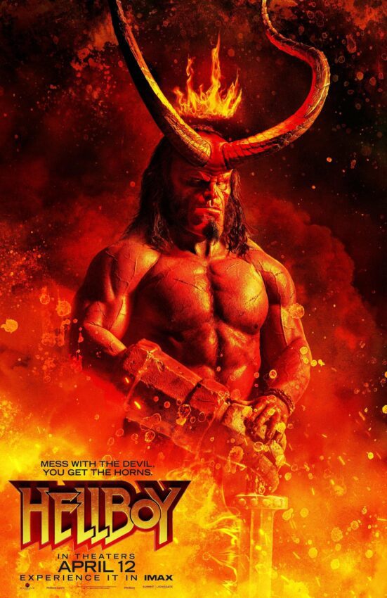 Poster du film Hellboy réalisé par Neil Marshall, d'après un scénario d'Andrew Cosby, avec David Harbour portant la couronne de l'enfer