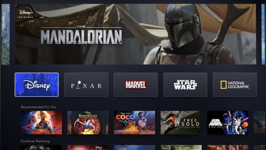 Image de l'interface Disney+ présentant les différentes catégories dont Pixar, Marvel et Star Wars