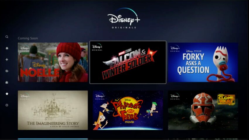 Image de l'interface Disney+ avec le logo du Marvel Studios, Falcon & Winter Soldier