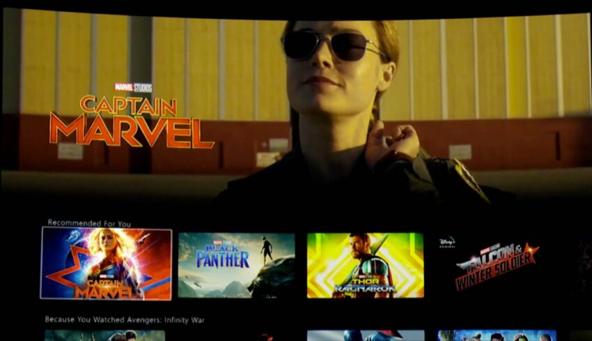 Image de l'interface Disney+ dans la catégorie Marvel avec Captain Marvel, Black Panther, Thor: Ragnarok