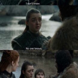 Mème du sixième épisode la huitième saison de la série Game of Thrones montrant Bran stupéfait par la remarque d'Arya
