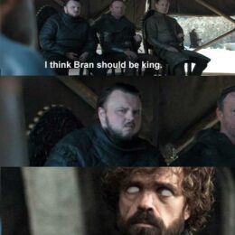 Mème du sixième épisode la huitième saison de la série Game of Thrones montrant comment Bran réussit à devenir roi