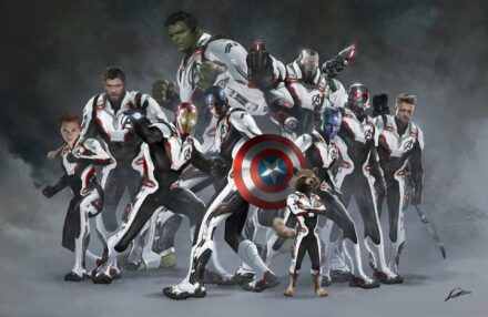 Concept art du film Avengers: Endgame par Alexander Lozano avec l'équipe en costume pour voyager dans le temps