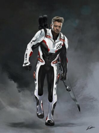 Concept art du film Avengers: Endgame par Alexander Lozano avec Hawkeye en costume pour voyager dans le temps