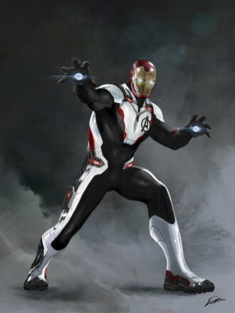 Concept art du film Avengers: Endgame par Alexander Lozano avec Iron Man en costume pour voyager dans le temps