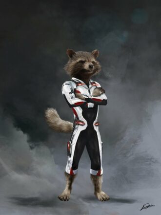 Concept art du film Avengers: Endgame par Alexander Lozano avec Rocket en costume pour voyager dans le temps