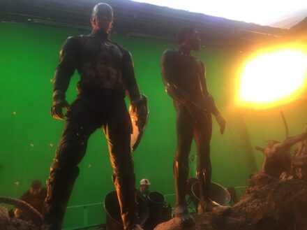 Photo du tournage du film Avengers: Endgame avec Captain America et Black Panther