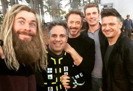 Photo du tournage du film Avengers: Endgame avec Chris Hemsworth, Mark Ruffalo, Robert Downey Jr. Chris Evans et Jeremy Renner