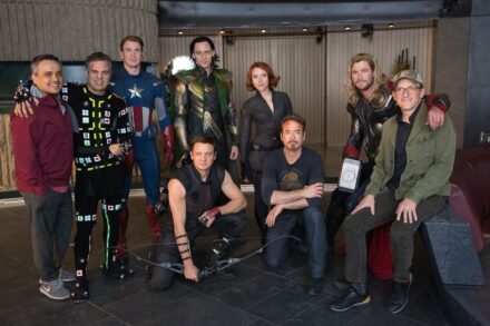 Photo du tournage du film Avengers: Endgame avec l'ensemble du casting à New-York en 2012