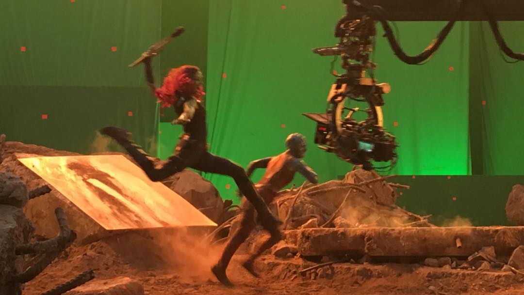 Photo du tournage du film Avengers: Endgame avec Gamora et Nebula