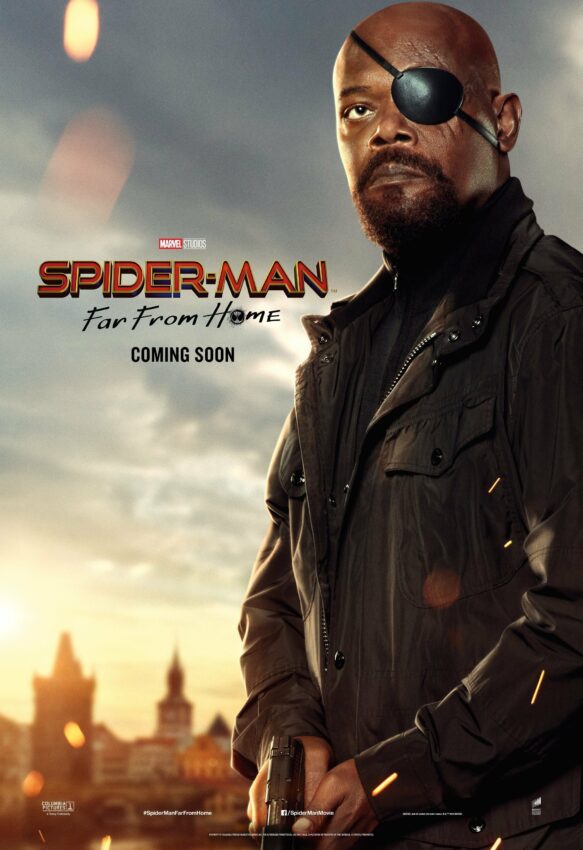 Poster du film Spider-Man: Far From Home réalisé par Jon Watts, d’après un scénario de Chris McKenna et Erik Sommers, avec Nick Fury (Samuel L. Jackson)