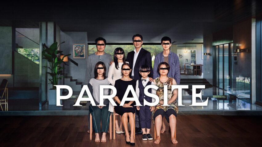 Bannière du film Parasite réalisé par Bong Joon-ho avec Song Kang-ho, Lee Sun-kyun, Cho Yeo-jeong, Choi Woo-shik, Park So-dam