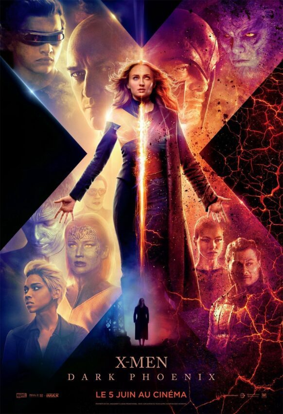 Affiche française du film X-Men: Dark Phoenix écrit et réalisé par Simon Kinberg avec Jean Grey (Sophie Turner)