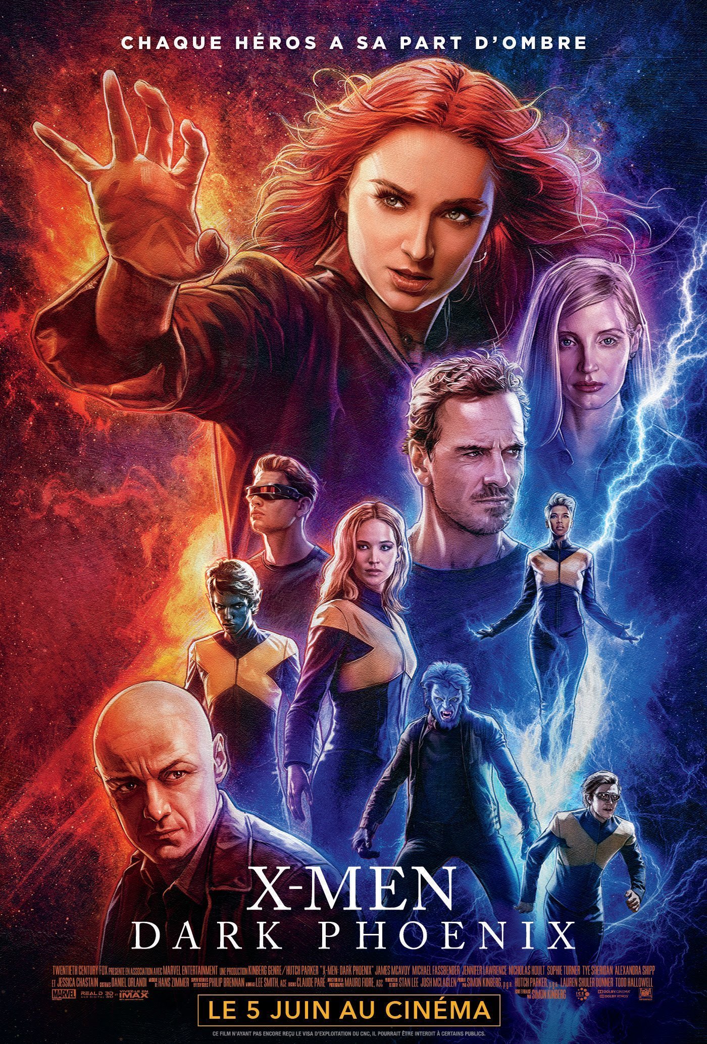 Affiche française crayonnée du film X-Men: Dark Phoenix écrit et réalisé par Simon Kinberg avec la tagline "Chaque héros a sa part d'ombre"