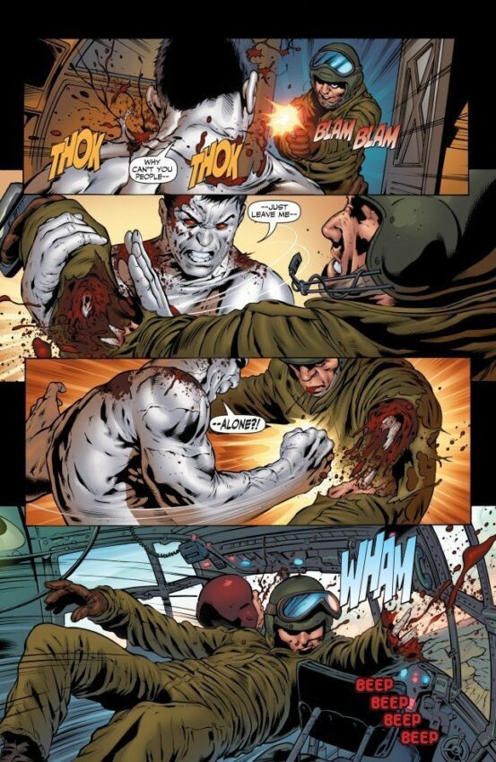 Page du comic Valiant, Bloodshot #2, avec un arrachage de bras
