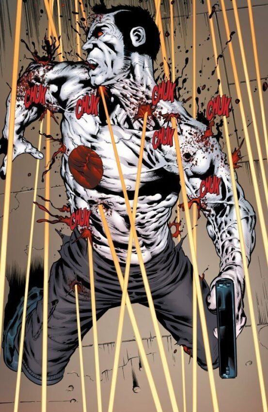 Page du comic Valiant, Bloodshot #6, avec le héros transpercé de balles