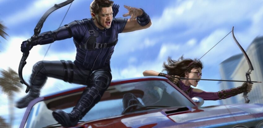 Concept art pour la série Hawkeye avec Clint Barton (Jeremy Renner) et Kate Bishop en voiture