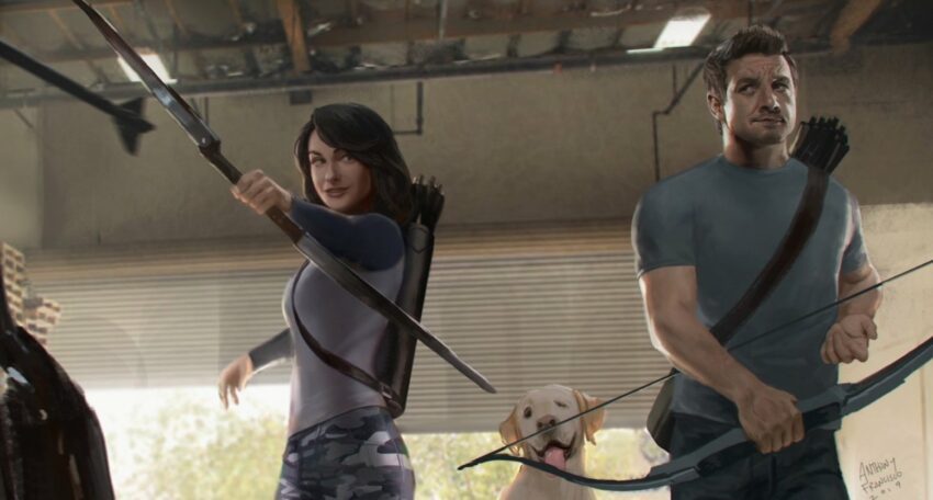 Concept art pour la série Hawkeye avec Kate Bishop, Lucky the Pizza Dog et Clint Barton (Jeremy Renner)