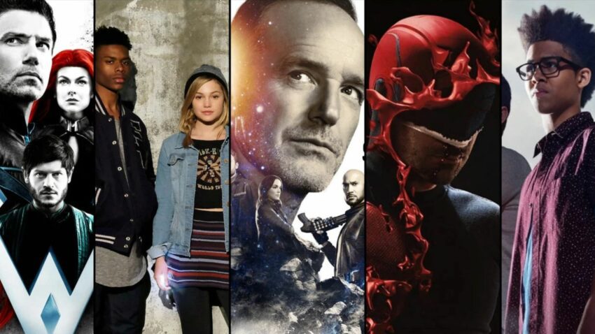 Image de certaines séries de Marvel Television, de gauche à droite : Inhumans, Cloak & Dagger, Agents of SHIELD, Daredevil et Runaways