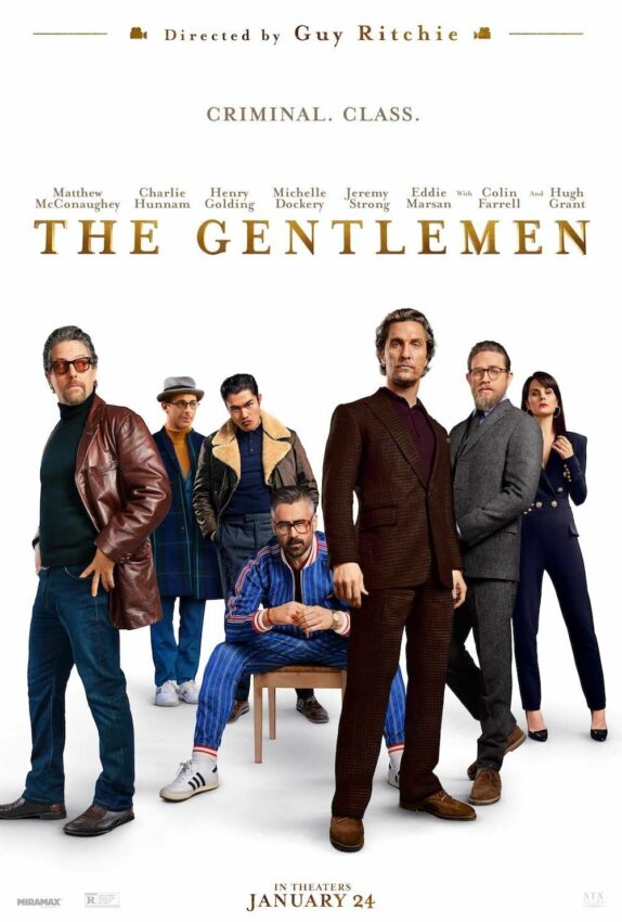 Poster du film The Gentlemen écrit et réalisé par Guy Ritchie avec Matthew McConaughey, Charlie Hunnam, Michelle Dockery, Jeremy Strong, Colin Farrell, Henry Golding et Hugh Grant