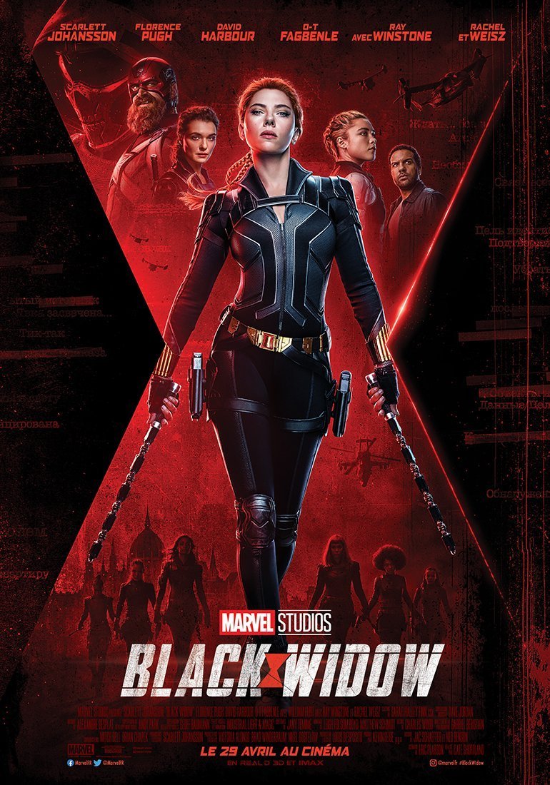 Affiche officielle pour le film Black Widow réalisé par Cate Shortland, d’après un scénario de Ned Benson et Jac Schaeffer, avec Scarlett Johansson, Florence Pugh, Rachel Weisz et David Harbour