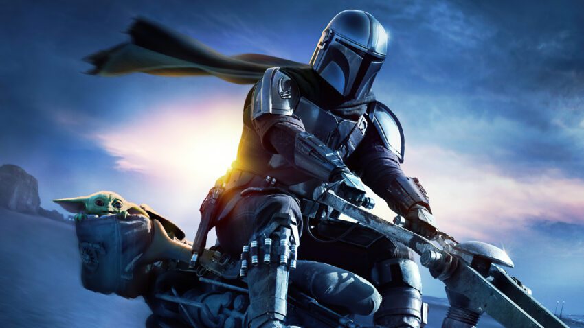 Bannière de la deuxième saison de la série Star Wars pour Disney+, The Mandalorian, en moto