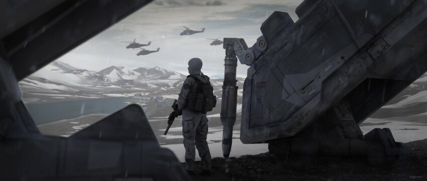 Concept art de Nick Foreman pour le film Metal Gear Solid réalisé par Jordan Vogt-Roberts présentant un soldat hivernal en train de surveiller
