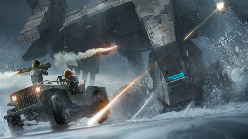Concept art de Stephen Todd pour le film Metal Gear Solid réalisé par Jordan Vogt-Roberts présentant une course poursuite