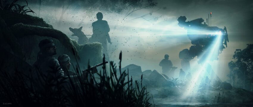 Concept art de Nick Foreman pour le film Metal Gear Solid réalisé par Jordan Vogt-Roberts présentant une phase d'infiltration