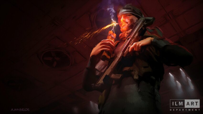 Concept art de Aaron McBride pour le film Metal Gear Solid réalisé par Jordan Vogt-Roberts présentant Snake en train d'allumer sa clope avec de la dynamite